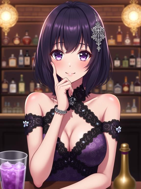 Anime illustration featuring a beautiful adult woman with fair skin large purple eyes and dark violet bob cut hair. She has a delicate silver ornament and a graceful expression. Wearing a dark purple dress with black lace a deep V-neck and off-shoulder sleeves she poses at a bar with a purple drink. The background is a luxurious bar with warm lighting.