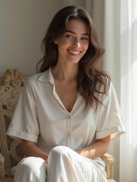 Generate hyper-realistic image of a beautiful Modern Egyptian girl. She has mildly thick eyebrows and hazy hair. She is laughing while sitting in a chair with her legs crossed. She's dressed in light, white cotton clothing. The background features soft daylight coming through sheer curtains.