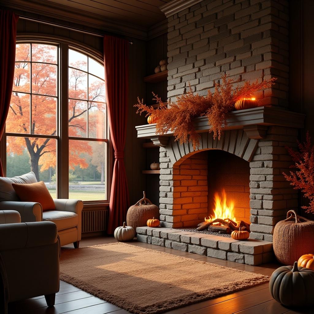 Cinematic 3D rendering of a decorated farmhouse indoor. Large fireplace with warm glow. Hearth adorned with dried flowers and pumpkins. Outside view has colored leaves. Maroon curtains frame large glass windows. Inviting atmosphere celebrating autumn.