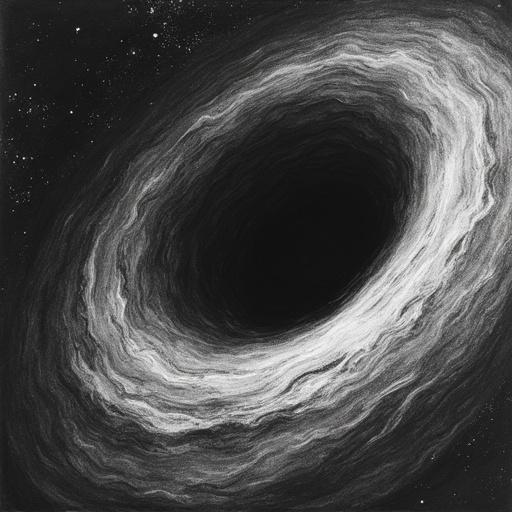 Black and white sketch depicting a spiral black hole in space. Dark background contrasts with swirling graphite details.