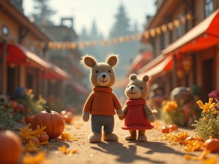 Woolen knitted characters standing in a knitted town setting. Two characters holding hands surrounded by pumpkins and flowers. Soft reflections and textures enhancing the details.