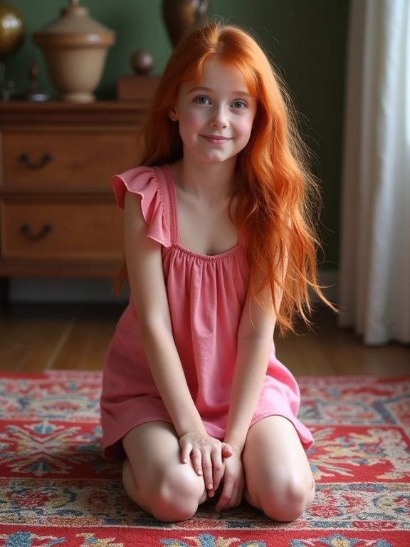 Real photo of a young girl with red hair kneeling on a colorful rug. She wears a pink mini dress with a neckline.