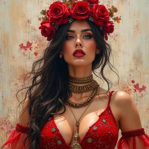 Paint on textured canvas. Rough brush strokes depict a gypsy belly dancer. Elegant facial features and a floral crown. 8k quality. Abstract expressionist background.