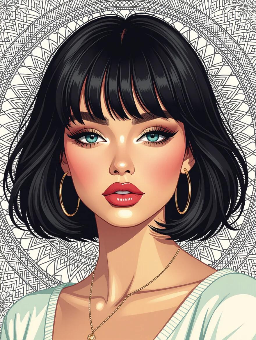 Hyper-detailed supermodel artwork showcases zentangle and 3d Droste effect techniques. Presented in high-resolution. Features a captivating hairstyle and elegant jewelry.