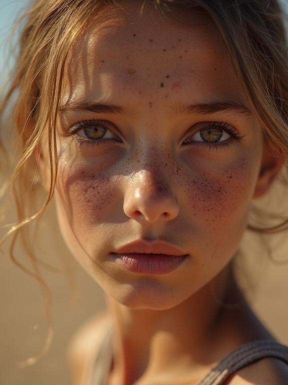 Close-up of a girl's face expressing beauty and fatigue. Skin appears dry with a cracked texture. Background resembles a desert landscape. Soft, natural tones dominate the scene.