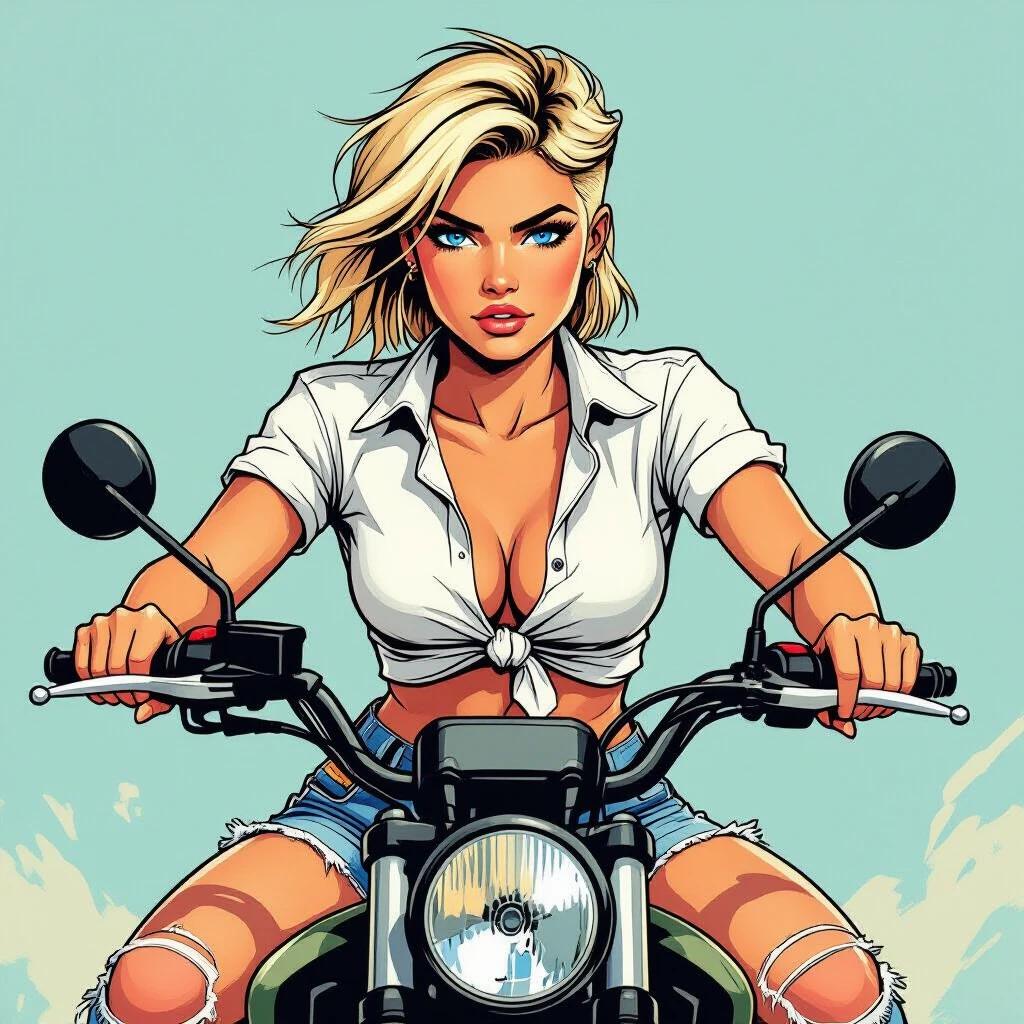 19-year-old woman sitting on off-road motorbike seen from the front. Bright blue eyes crew cut straw-blonde hair. Determined expression wearing ripped denim shorts white shirt knotted at the front. Hands clasped behind back shoulders hunched back. Semi-realistic comic style bold contour lines.
