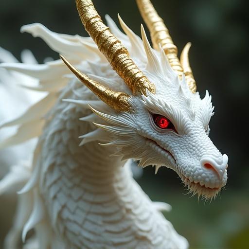 A magnificent dragon with white scales, golden claws and horns, ruby-red eyes. Highly detailed and hyper-realistic representation, ideal for fantasy themes in RPGs.