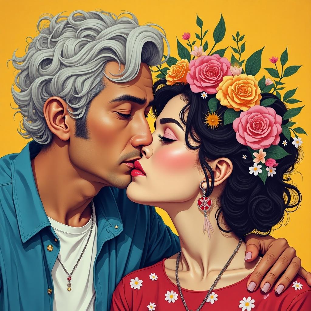 Couple embracing amidst colorful flowers. Emotions of love and joy. Artistic style with bright colors.