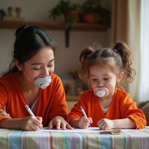 A girl wearing a diaper and orange jumpsuit does homework at home. Mother assists with explanations. Both have oversized pacifiers. The setting is warm and inviting. They appear focused and happy while working together.