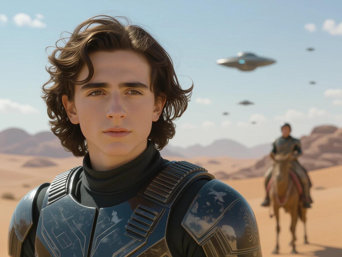 A young character standing in a desert landscape. The character wears futuristic armor. In the background, a person rides a horse. Several flying saucers are in the sky above. The overall setting has a science fiction theme.