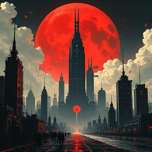 Artistic book cover design for 'ROCK DYSTOPIA'. Central title in bold typography with a retro-futuristic background. Dark and gritty ambiance with giant brutalist skyscrapers and a red moon. Includes silhouettes of people or musicians and elements like surveillance cameras and propaganda messages. Author name at the top.