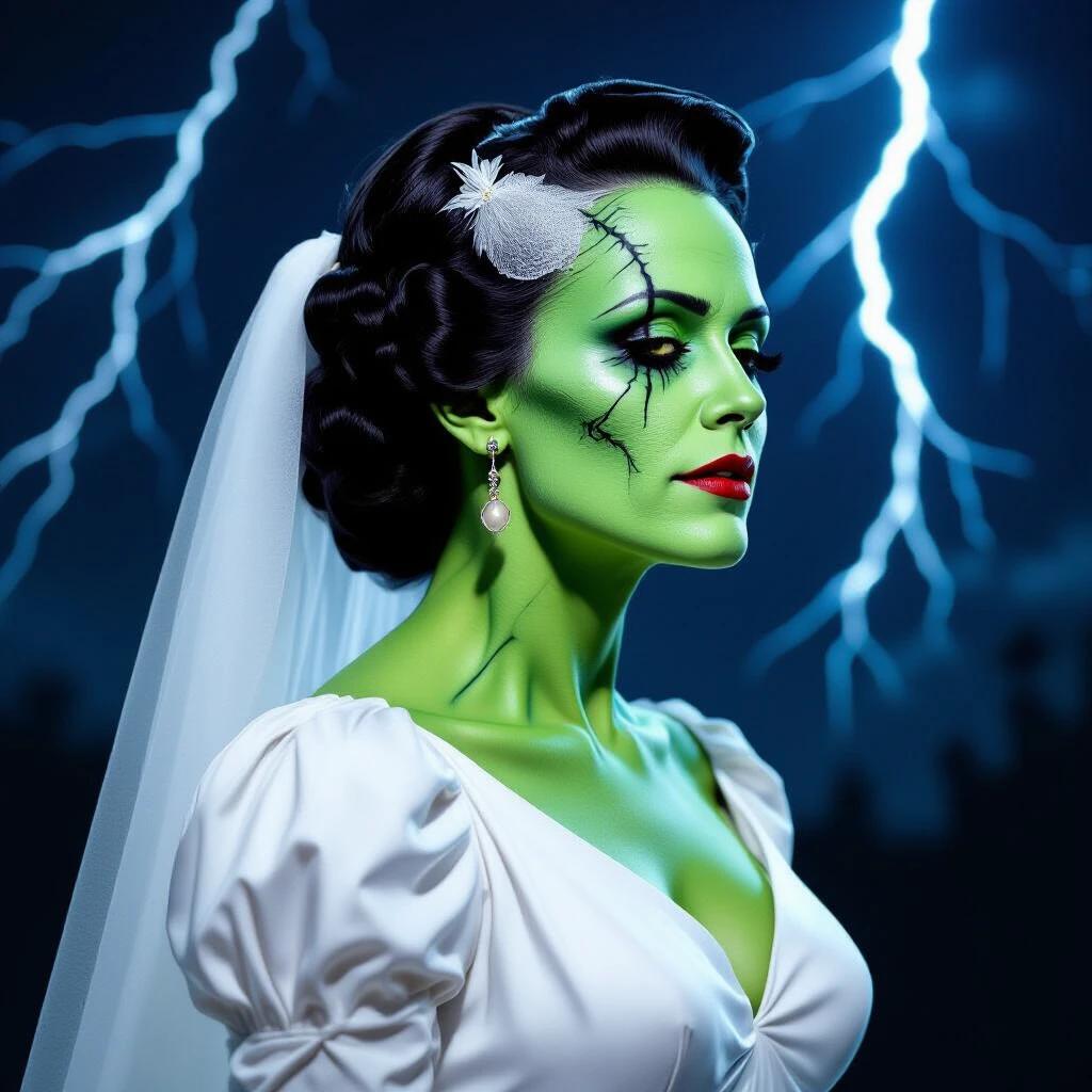 Left profile of a bride inspired by Frankenstein. Dark background features multiple lightning strikes. Bride has green skin and wears a white dress.