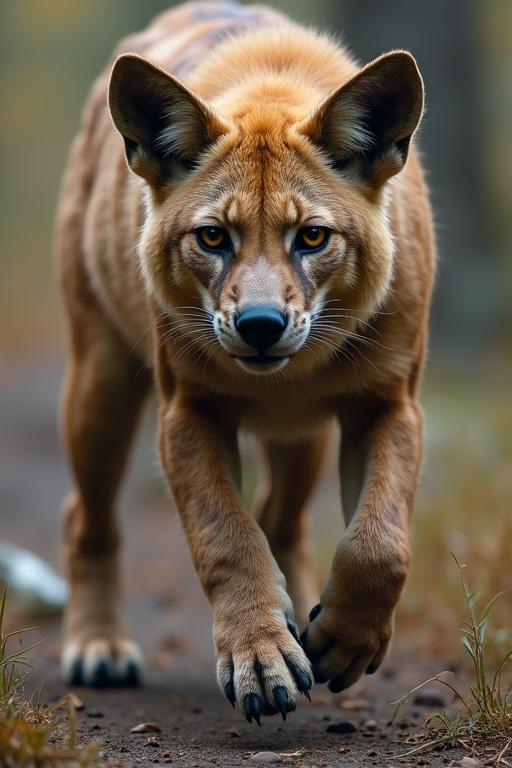 Four legged mythical creature resembling a mix between a hyena and a large cat with talons for claws. It walks along a forest path with its claws visible and an intense gaze.