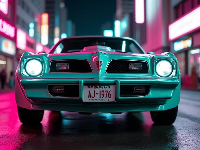A teal and pink 1976 Pontiac Trans Am known as 'screaming chicken' is parked in a cyberpunk city. Neon lights illuminate the night. The license plate reads 'AJ-1976'.