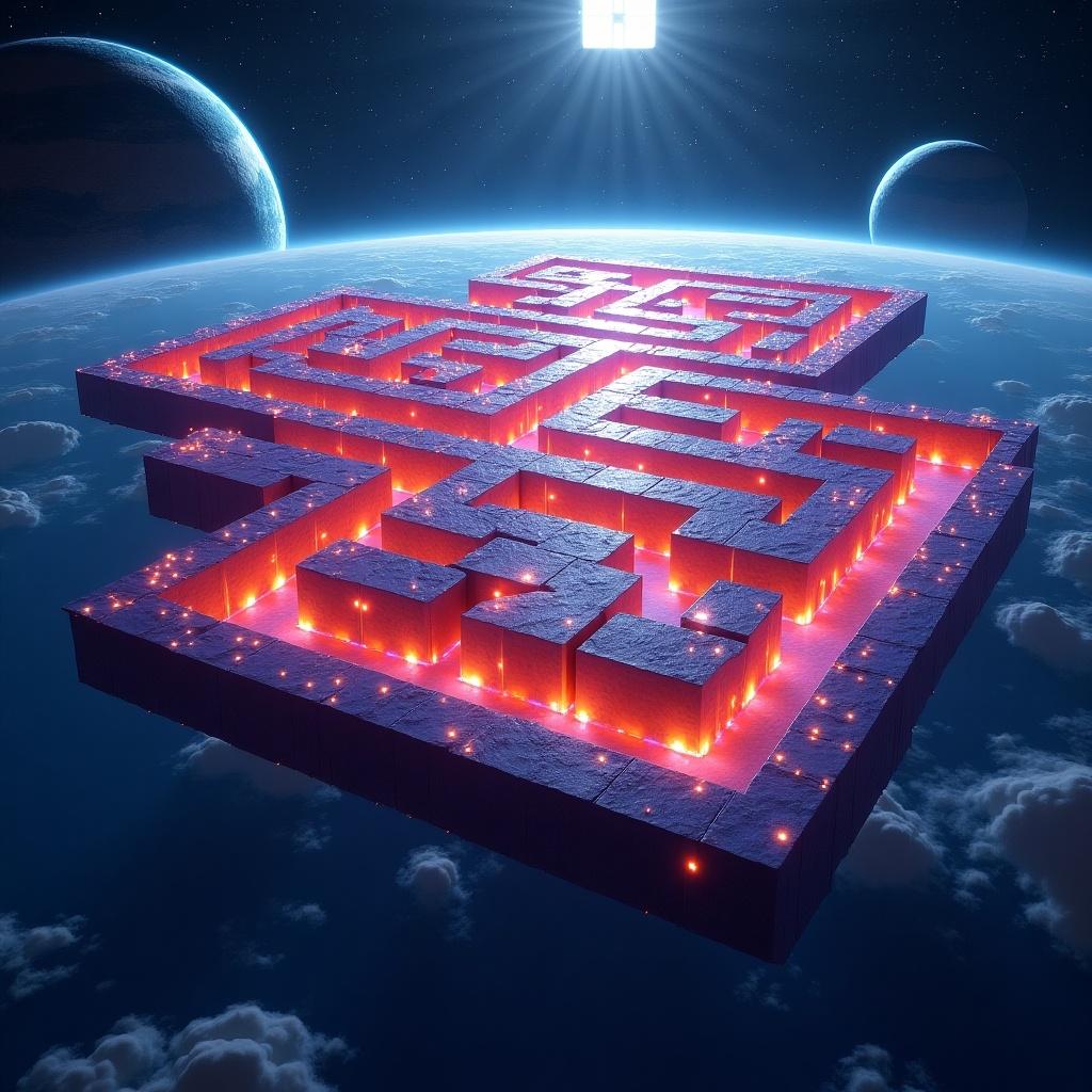 An imaginative digital artwork depicting a vast 3D maze that glows in vibrant neon colors. This maze is inspired by the style of Minecraft, showcasing radiant pathways that form the letters of the alphabet. It floats majestically in space, surrounded by pixelated planets and a backdrop filled with glowing stars. The scene is set against a scifi oceanic expanse, creating a mesmerizing atmosphere. The entire composition combines elements of adventure, technology, and creativity, making it a striking visual experience.