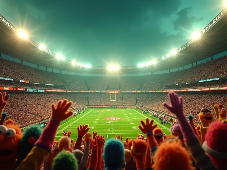 Scene set in an NFL stadium. Crowd is filled with colorful Muppet-style characters. Characters transformed to look like Muppets with googly eyes and expressive faces. Lighting is vibrant and saturated with greens and yellows. Exaggerated, dreamlike stadium atmosphere. Puppet hands wave team flags energetically.