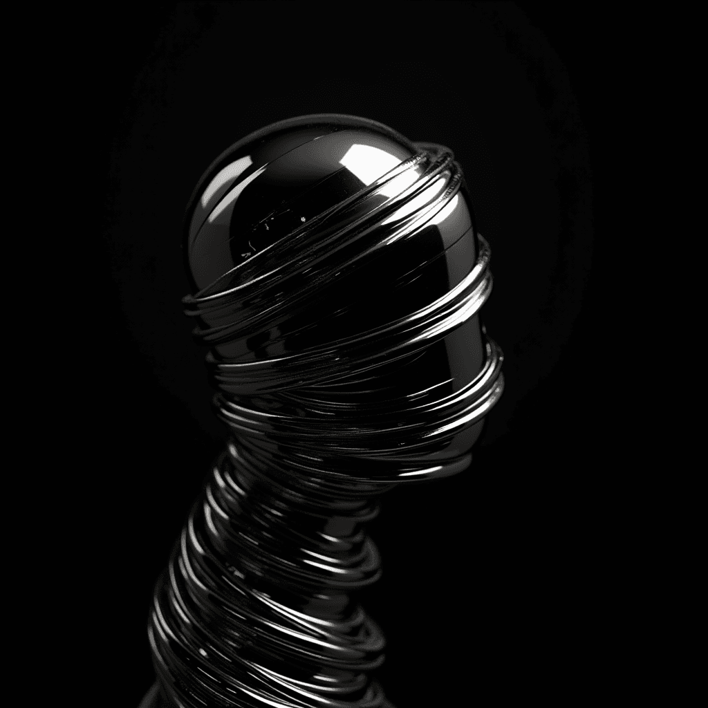 A shiny, coiled metal structure appears like a head wrapped in spirals against a dark background.