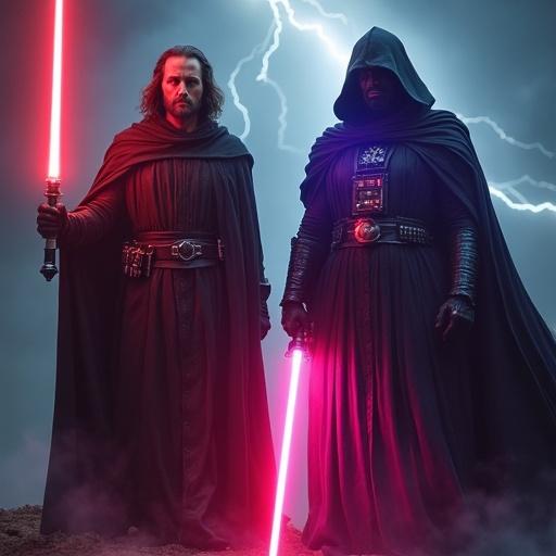Two characters inspired by Leonardo Da Vinci and a flying machine. They are transformed into Sith Lords in a dark environment. Stormy with dramatic lightning. One holds a red lightsaber, the other a violet lightsaber. Expressions are sinister. They wear dark Sith robes with Renaissance elements. Scene is cinematic and realistic.