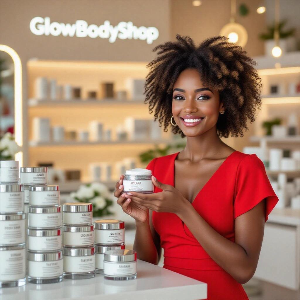 Smiling woman with curly hair in red dress holding body cream jar. Modern skincare store interior. Neatly stacked jars on counter. Shelves with cosmetic products. Brand name GlowBodyShop in background.