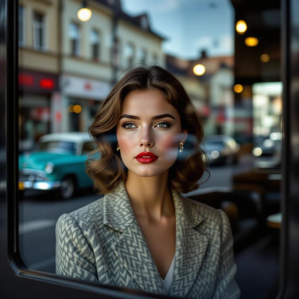 Stylish woman sitting in a showroom with vintage cars outside. Glass window distorting reflections. The photo taken with a Leica IIIc camera. Features focus shift artifacts. Captures atmospheric condensation streaks. Pre-war tension in relaxed posture is depicted. Mirror frame crops forehead intentionally. Image slightly overexposed on cheekbones. Darker vignette on right edge.