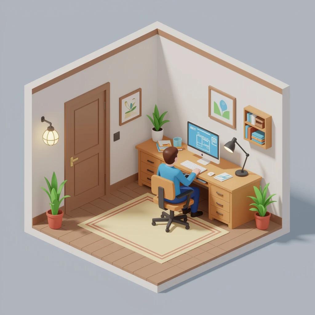 A room with an entrance door visible on one wall. A desk with a chair and computer is positioned diagonally. The desk is against the wall opposite the door. The style is simple and clean. Soft colors and clear lines dominate the illustration. Suitable for educational material about Feng Shui.