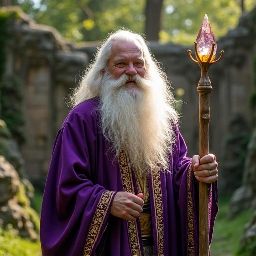Photo of a medieval wizard in a forest clearing. Wizard wears deep purple robes with golden runes. Long white beard flows in the breeze. Eyes gleam with mischief. Holds wooden staff topped with glowing crystal. Sunlight filters through trees. Background features stone ruins with moss and ivy.
