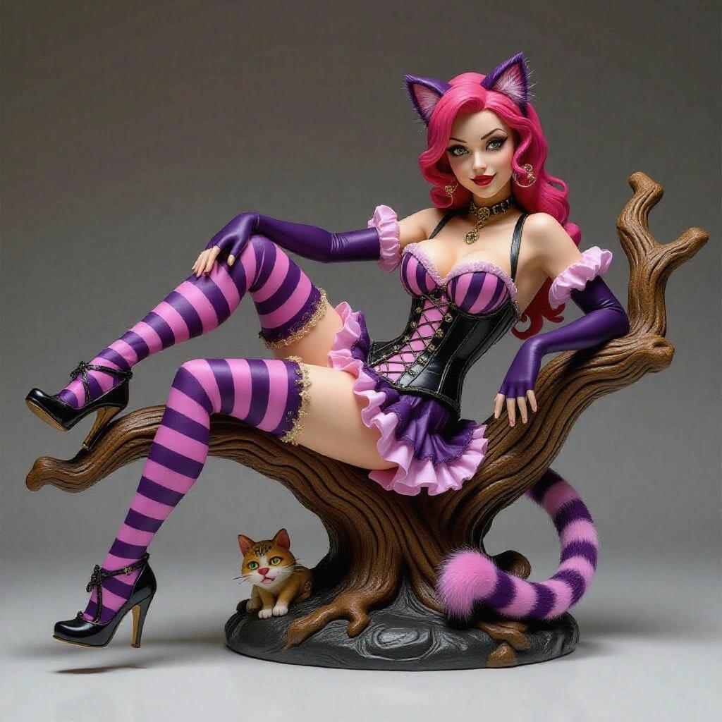 Detaied resin sculpture of sensual feline young woman. Inspired by Cheshire Cat. Reclined on twisted tree branch. One leg is bent other is outstretched. Wearing tight corset. Purple and pink striped outfit. Ruffled skirt and stockings. Long gloves and heels. Furry curving cat tail. Cute cat ears. Beautiful female figure with playful expression. Base includes tree branches and leaves. Focus on figure and posture.