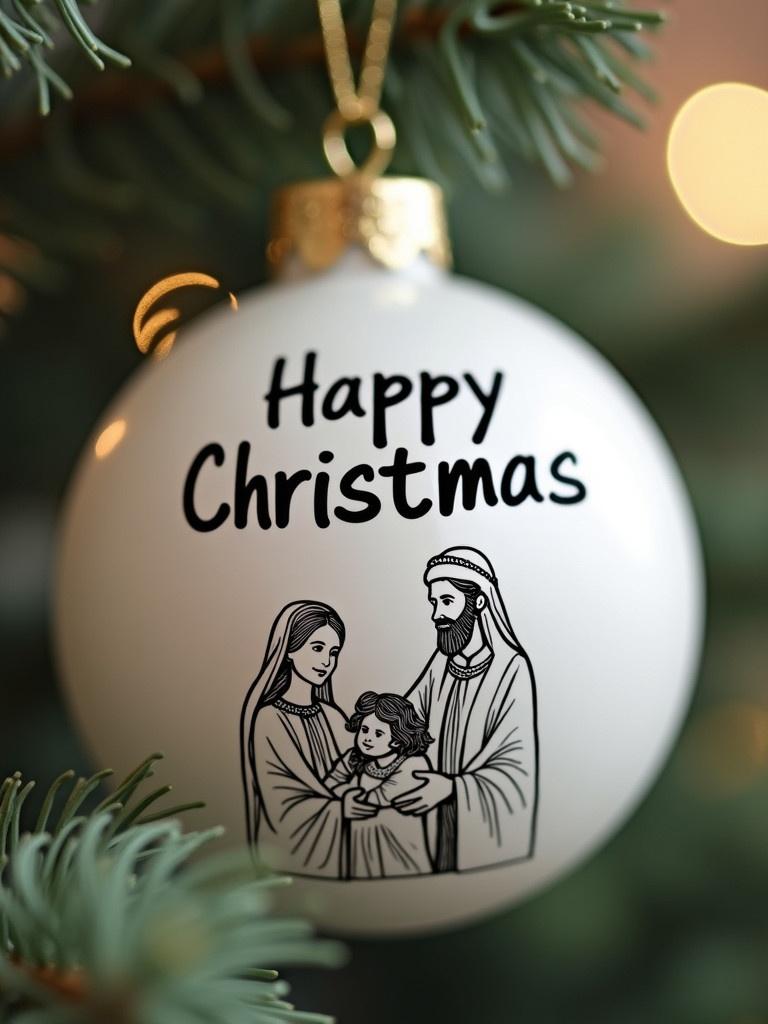 Close-up image of a white Christmas bauble. The bauble has text reading Happy Christmas. An illustration of Mary Joseph and baby Jesus is featured. The bauble is hanging from an evergreen branch.