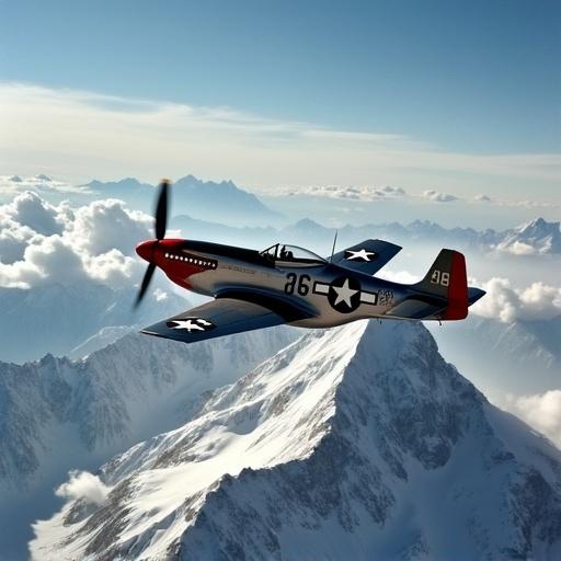 A vintage shot of a stunning P51 D Mustang overflying the edge of Everest.