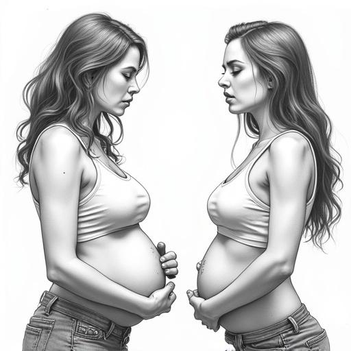 A detailed illustration of two women in profile. One woman appears to be pregnant. Their expressions reflect emotional complexity. The artwork is monochrome with a greyscale color scheme. The illustration captures the essence of artistic interpretation of duality and struggle.