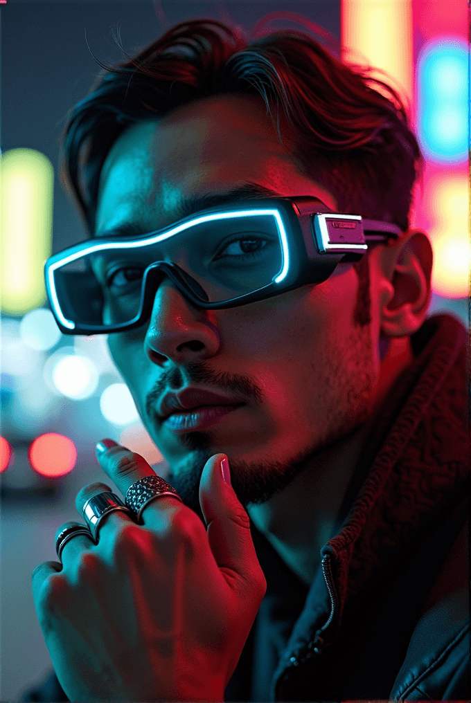 A person wearing futuristic glowing glasses poses thoughtfully in vibrant neon lighting.