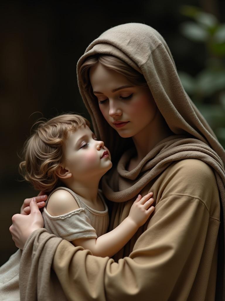 A humble and serene image depicting a mother embracing her child. The environment appears soft and natural. Focus is on the warmth of their connection. The mother wears a hooded garment in neutral tones. The child is cradled gently.