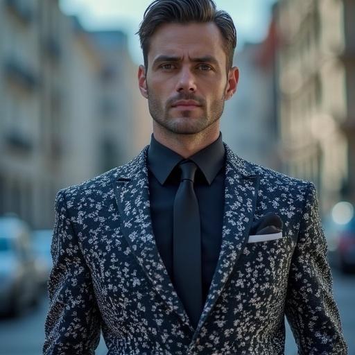 A man wears a diamond crystal suit outdoors. The focus is on his suit design and fashion style. The background shows an urban setting with a hint of luxury.