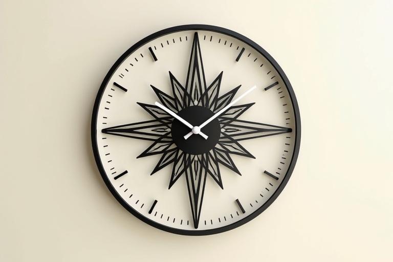 Sleek black-and-white clock designed with geometric lines. Inspired by Jantar Mantar observatory. Clock shows time clearly. Background is cream color with faint mandala patterns. Image is a 3D render featuring subtle reflections.
