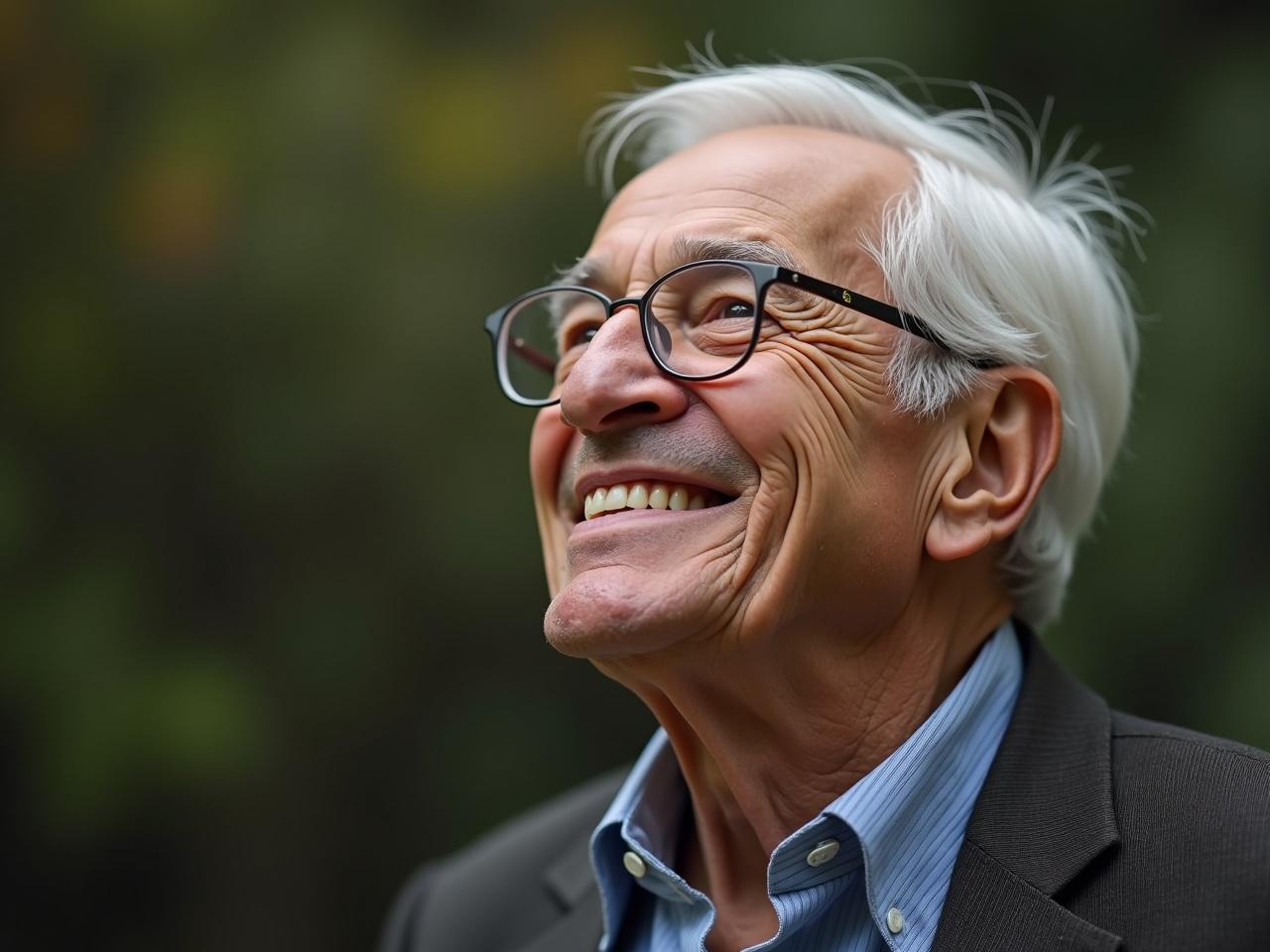 An elderly man is looking upwards with a joyful smile. His bright eyes reflect a sense of hope and positivity. The background is softly blurred, emphasizing his happy expression. He wears glasses, and his hair is gray and tousled, which adds to his charm. This image captures the essence of aging gracefully and the importance of optimism in later years.