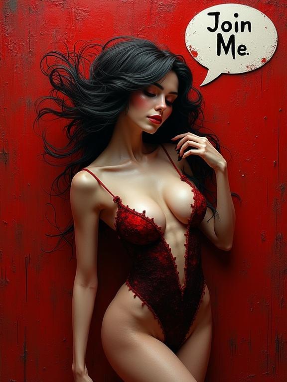 Female figure in a red v-shaped catsuit. Long dark hair flows around. Textured background in red. Speech bubble includes ‘Join Me’. Artistic and glamorous atmosphere.