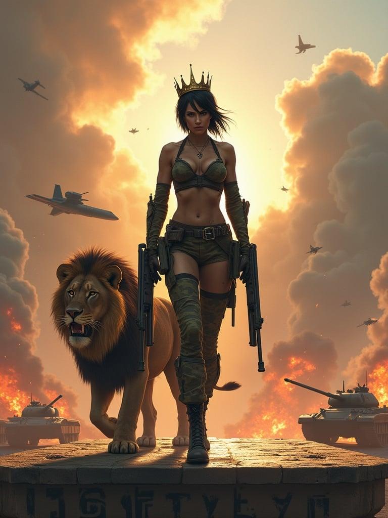 A fierce woman stands confidently on a platform. She wears a sexy military uniform with big guns in hand. A lion walks behind her. The background features missiles, tanks, and aircraft. Smoke and fire fill the sky. The platform has the words '1BKtyntyn' written on it. The scene conveys strength and resilience.