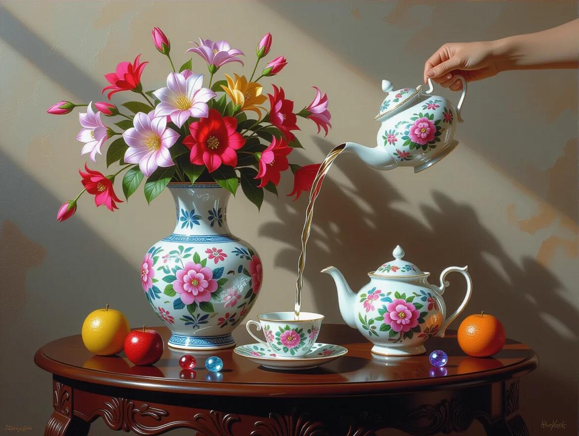 Surreal still life of floral arrangement and teapot. Elegant porcelain teapot pours liquid chrome into a decorative cup. A vase with bright flowers enhances the atmosphere. A wooden table displays fruit and gems. Voluminous strokes create highlights. Using Khokhloma style with mother-of-pearl colors.