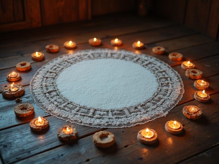 Close-up of a circular arrangement of salt on an old wooden floor. Surrounded by candles and protective amulets. Evokes an ancient and esoteric atmosphere.