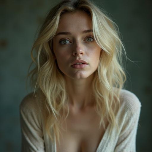 Blonde woman with spiral eyes. She has a blank expression. Soft lighting creates a calm atmosphere. Portrait taken from straight-on view.