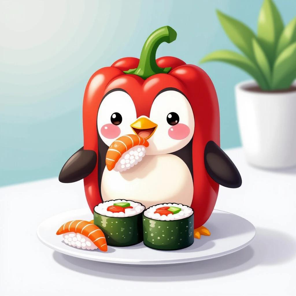Kawaii penguin illustration of a red pepper eating sushi. The penguin appears happy and cute. Bright colors and cheerful cartoon style. Captured from a top-down perspective on a white flat surface.