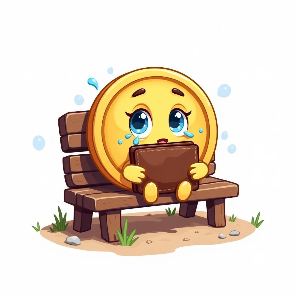 Cartoon illustration of a worn-out coin with an empty wallet sitting on a wooden bench. The coin has blue tears and a Disney-Pixar inspired style set against a clean white background.