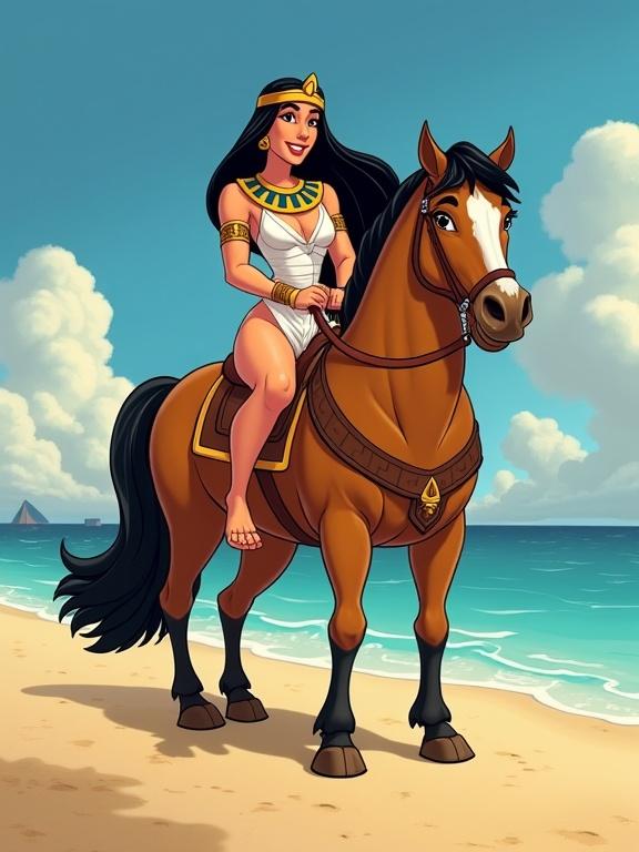 Digital illustration of Cleopatra riding a horse on a beach. Clear blue sky and ocean waves in the background. Cleopatra wearing a white dress and golden accessories. Horse has a majestic stance. Sand on the beach is warm and inviting.