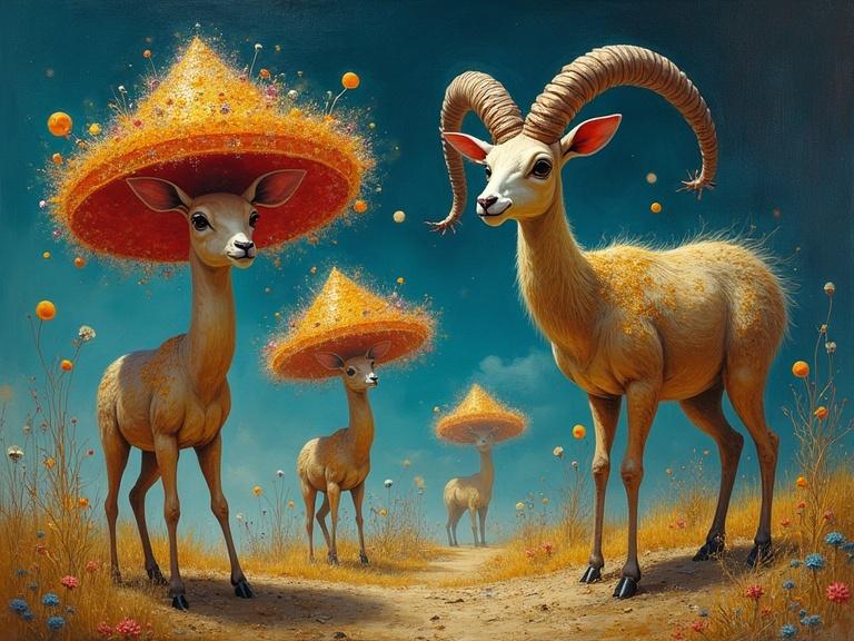 A surreal landscape with giant mushrooms towering over small creatures. The mushrooms have intricate patterns and sparkling crystals. Creatures are a mix of familiar and fantastical, creating a supernatural atmosphere. Painted in hyperrealistic oil style with dramatic lighting and vibrant colors, inspired by Salvador Dalí and Max Ernst.