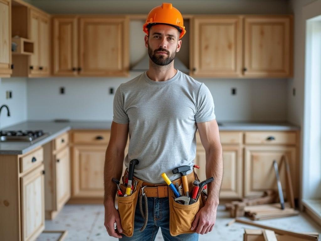 A builder handyman stands confidently, his body visible from the neck down. He wears a sturdy belt filled with various construction tools, showing his readiness for the job. In his right hand, he holds a hammer, ready for action. He also sports a bright orange hard hat, indicating safety in his profession. The background reveals a house in the midst of renovation, with unfinished cabinetry and construction materials scattered about, highlighting the active work environment.