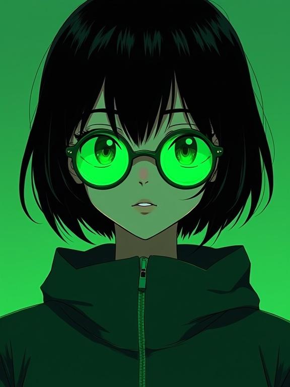 Anime girl wearing green goggles. Character features black hair. Background is a rich palette of green and grey. Shadowy dark tone. Light is dim. Style is reminiscent of 2000s anime masterpieces.