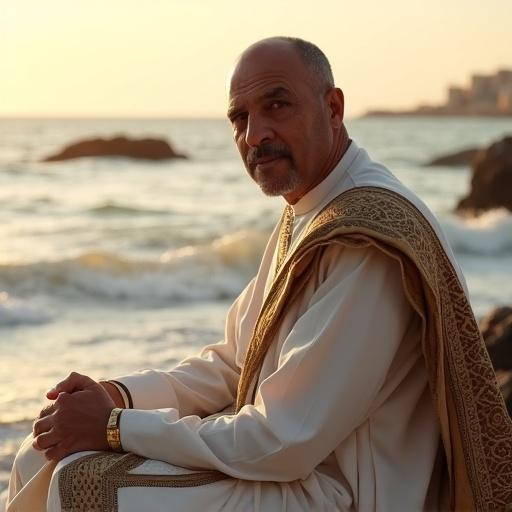 A dignified portrait of a Moroccan king wearing royal attire. He sits calmly on a rocky shore by the ocean. Soft golden light of late afternoon bathes the scene. Gentle waves are visible in the background. The expression is serene and contemplative. The atmosphere blends natural beauty with regal presence.