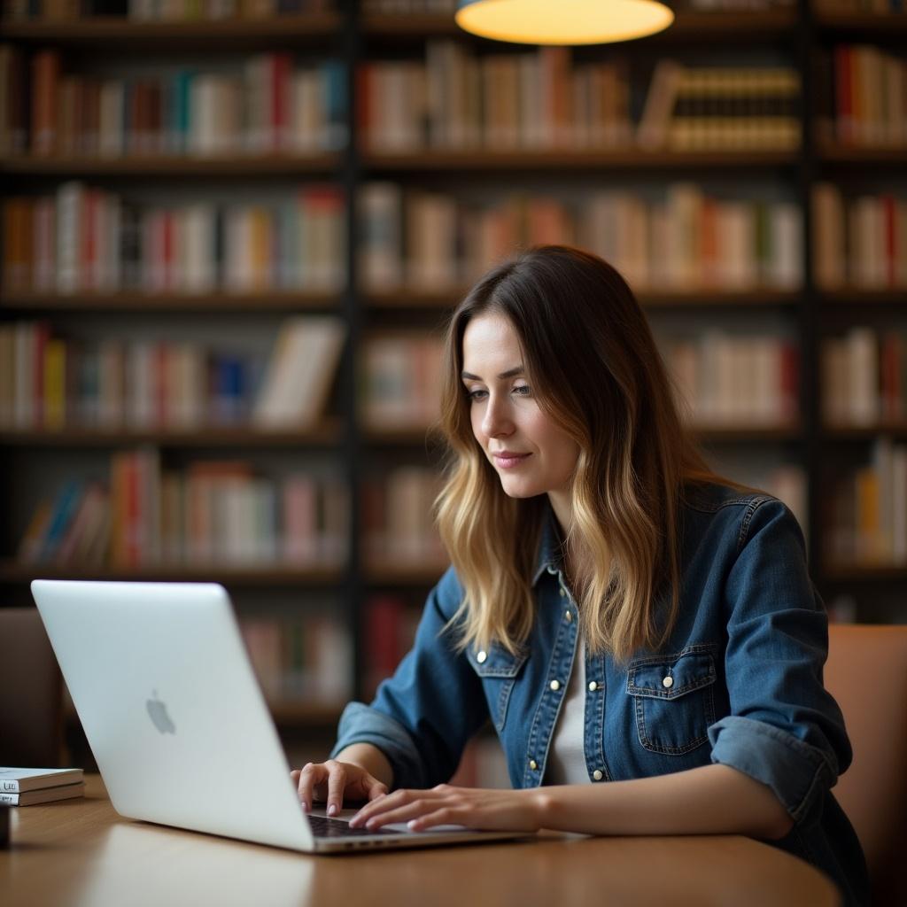 A woman is seated at a table in a library, deeply focused on her laptop. She has long hair and a casual denim jacket. Surrounding her are shelves filled with books, creating a scholarly atmosphere. The lighting is warm and inviting, coming from a pendant light overhead, enhancing the cozy feel of the library. This scene captures the essence of dedication and concentration in a tranquil setting.