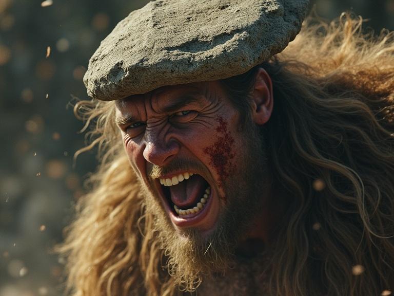 A giant screams as a stone hits his forehead. Focus on the kinetic impact. Cinematic look with realistic details. Natural light enhances the scene.