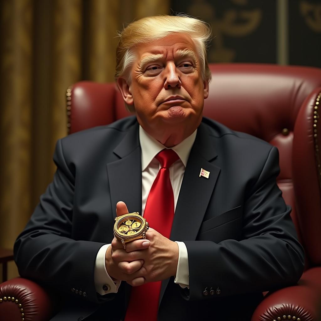 Image of a man wearing a suit with a gold watch. The individual sits in a grand chair. A red tie is worn. The image conveys a sense of authority and luxury.